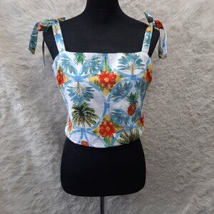 Rachel Zoe Women's Linen Blend Floral Crop Top Tropical Pineapple Size M